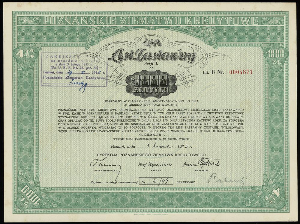 Polska, 4 1/2 % list zastawny na 1.000 złotych, 1.07.1935