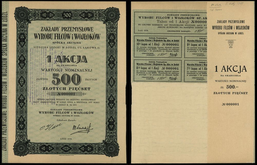 Polska, akcja na okaziciela o wartości 500 złotych, 1938