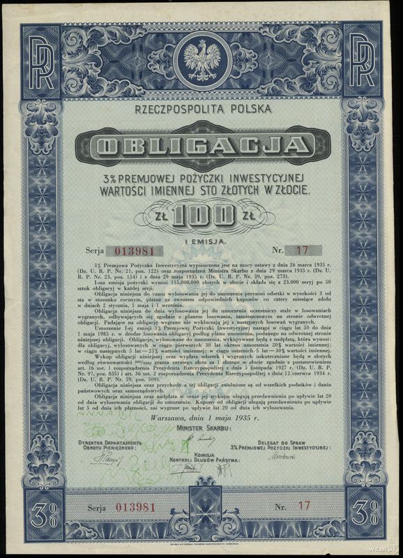 Rzeczpospolita Polska (1918–1939), 2 x obligacja 3% premiowej pożyczki inwestycyjnej na 100 złotych w złocie, 1.05.1935