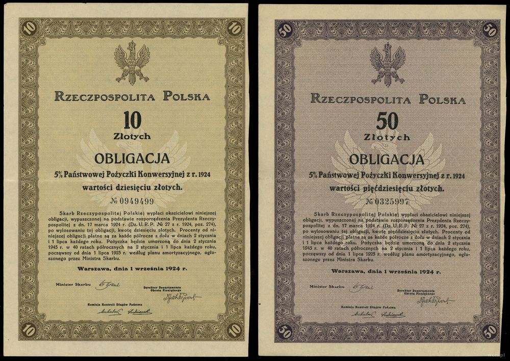 Rzeczpospolita Polska (1918–1939), obligacje 5 % Państwowej Pożyczki Konwersyjna wartości 10 i 50 złotych, 1.09.1924