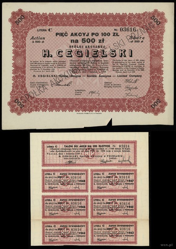 Polska, 5 akcji po 100 złotych = 500 złotych, 1.04.1929