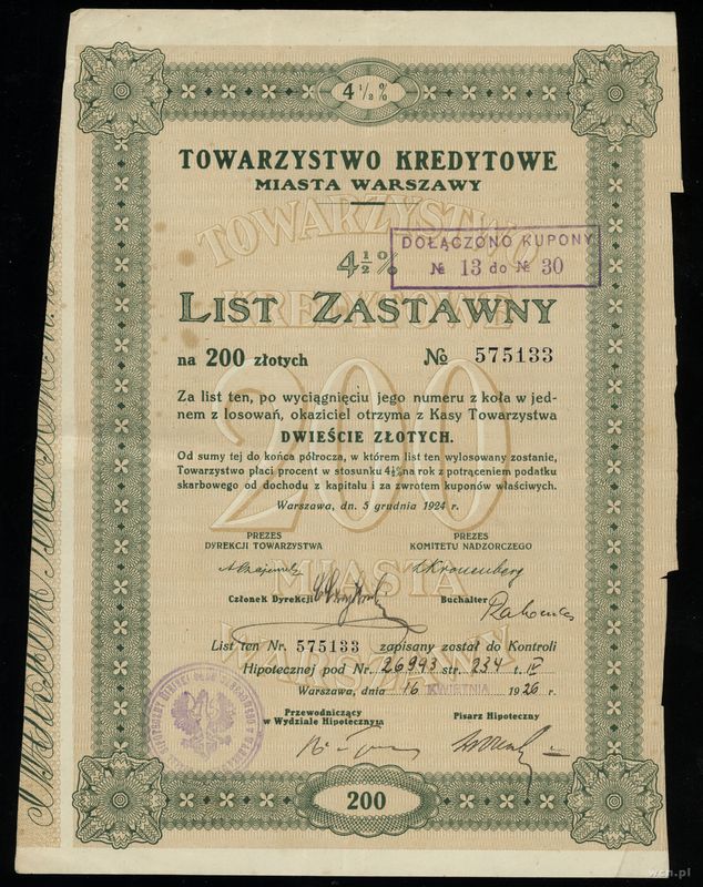 Polska, zestaw 3 papierów wartościowych, 1926–1931