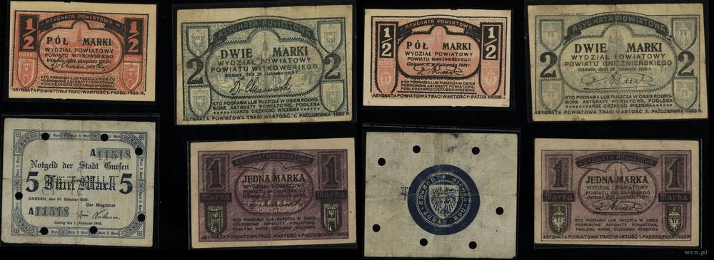 Wielkopolska, zestaw 6 banknotów, 1918–1919