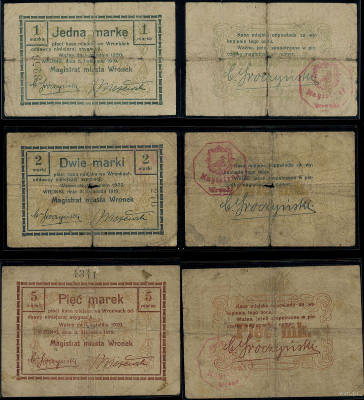 Wielkopolska, zestaw 3 banknotów, 3.11.1919