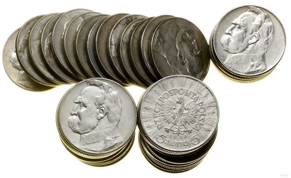 Polska, zestaw 50 x 5 złotych, 11 x 1934, 16 x 1935, 23 x 1936