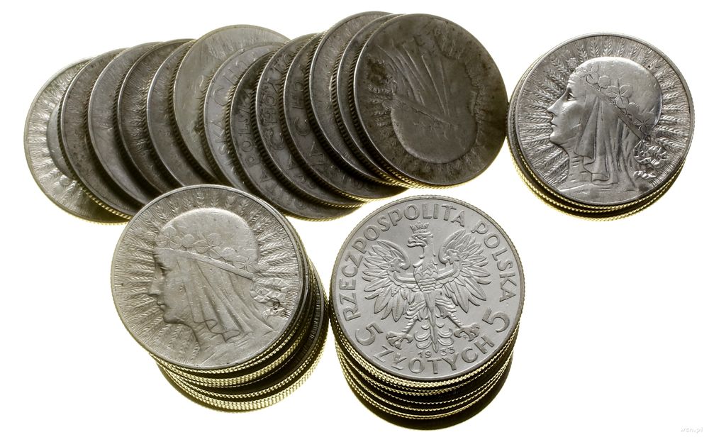 Polska, zestaw 50 x 5 złotych, 11 x 1932 (b.z.), 31 x 1933, 8 x 1934