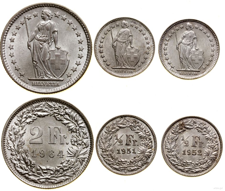 Szwajcaria, zestaw 3 monet, 1951–1964