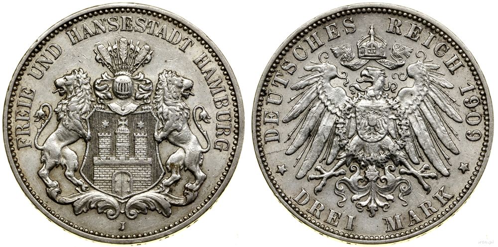 Niemcy, 3 marki, 1909 J