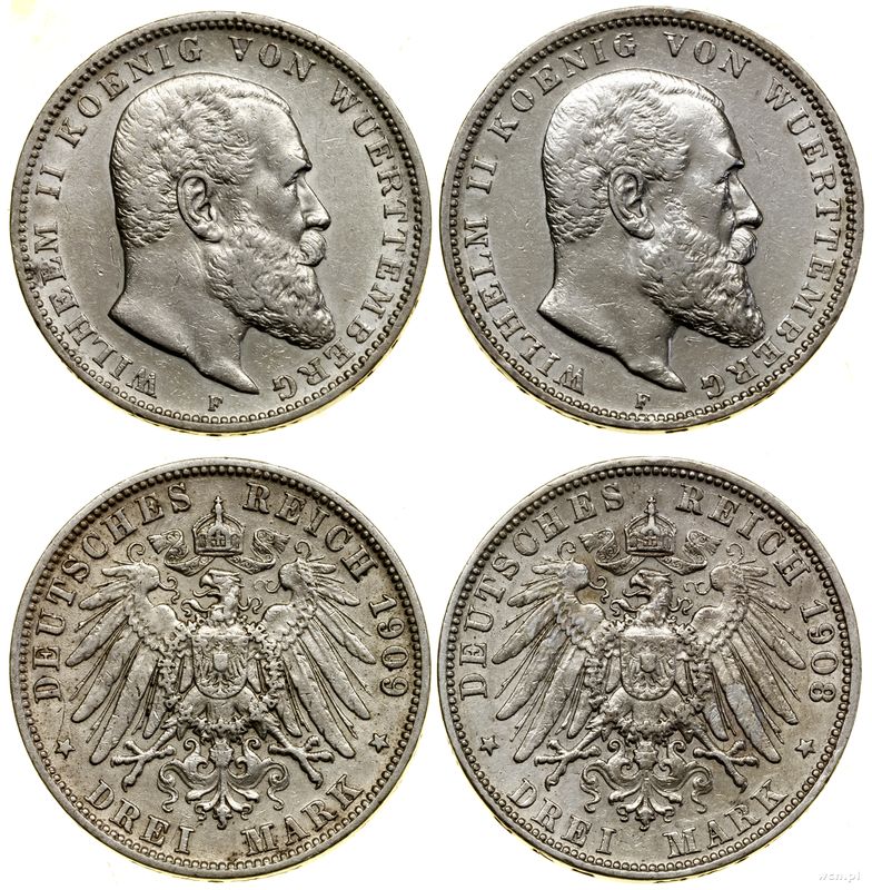 Niemcy, zestaw 2 x 3 marki, 1908 F, 1909 F