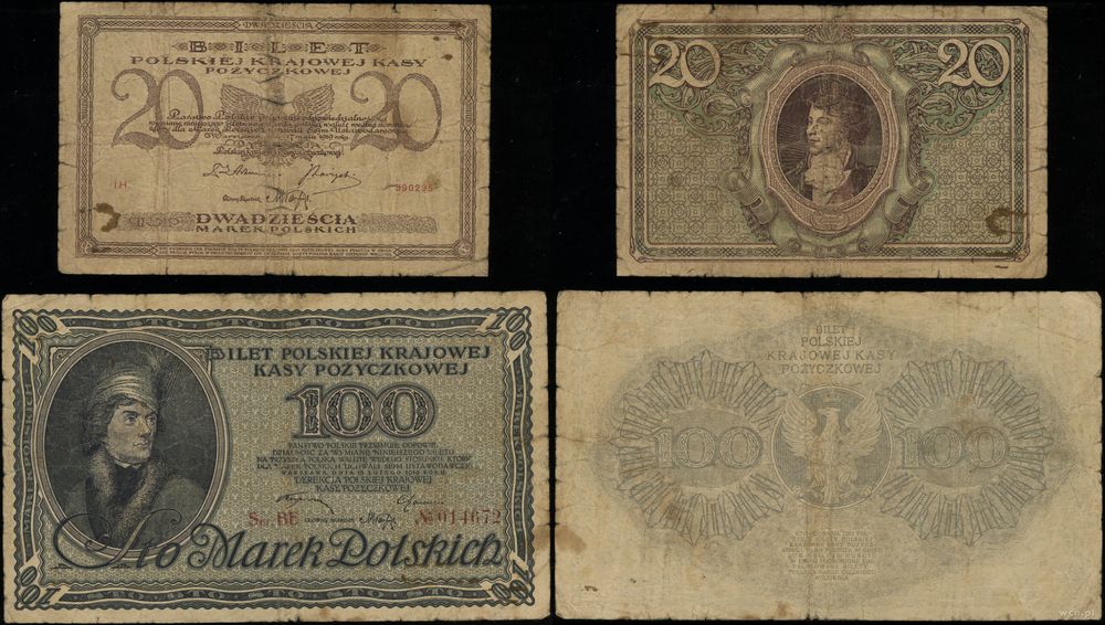 Polska, zestaw: 20 i 100 marek polskich, 1919