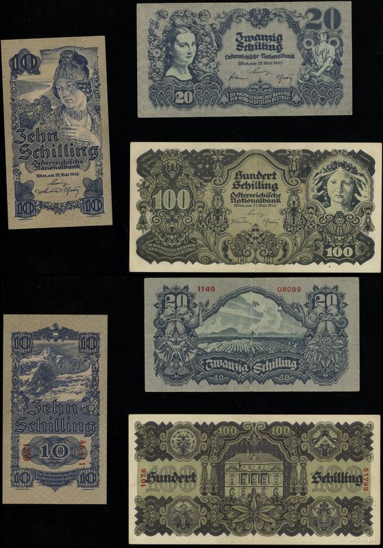 Austria, zestaw: 10, 20 i 100 szylingów, 29.05.1945