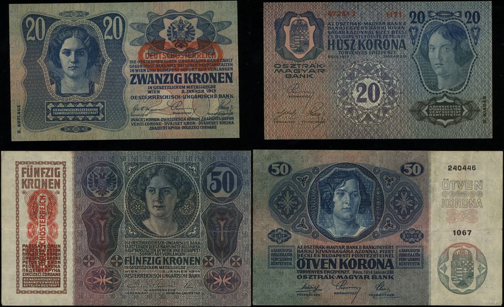 Austria, zestaw 3 banknotów z nadrukami DEUTSCHÖSTERREICH, 1919/1920