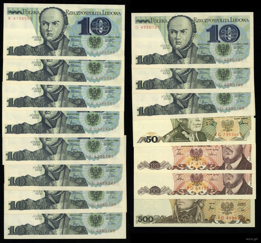Polska, zestaw 15 banknotów, 1982–1988