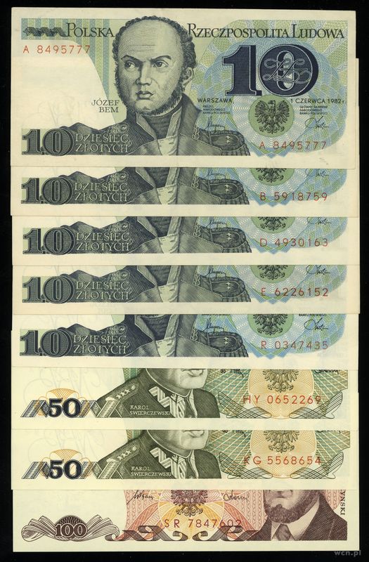 Polska, zestaw 8 banknotów, 1982–1988