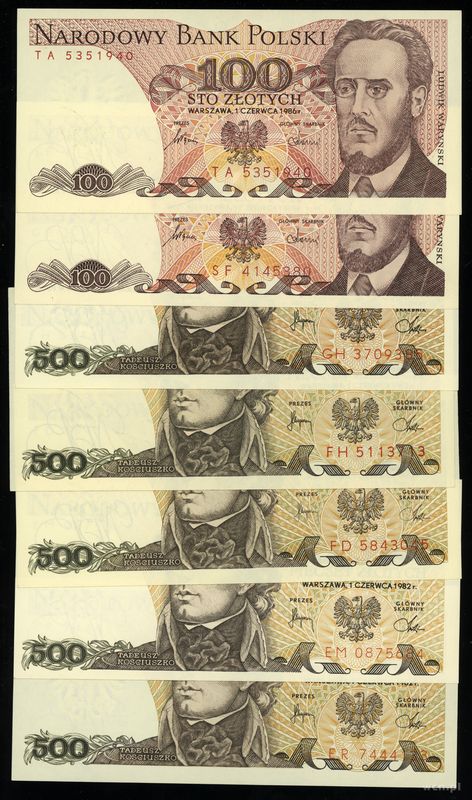Polska, zestaw 7 banknotów, 1982–1986