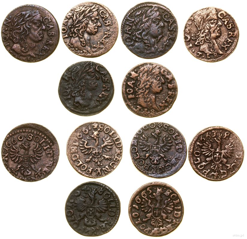 Polska, zestaw 6 szelągów miedzianych, 1660–1665