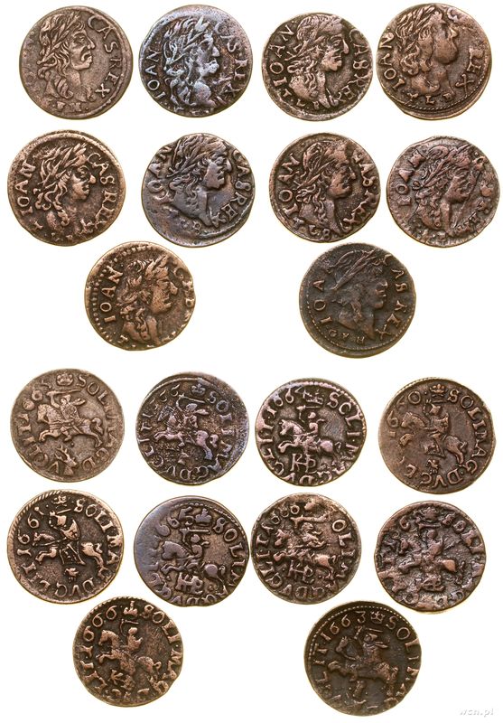 Polska, zestaw 10 szelągów miedzianych, 1660–1666