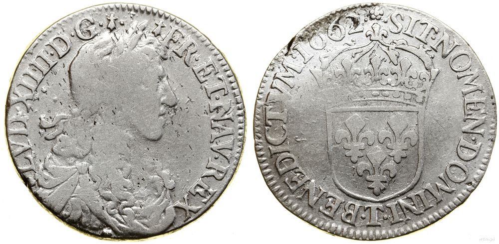 Francja, 1/2 écu au buste juvénile, 1662 T