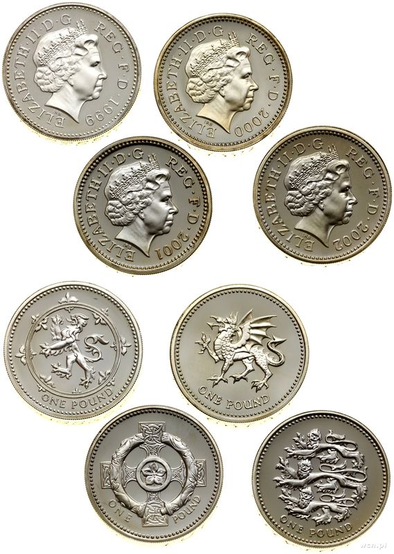 Wielka Brytania, zestaw 4 x 1 funt (piedfort), 1999, 2000, 2001, 2002