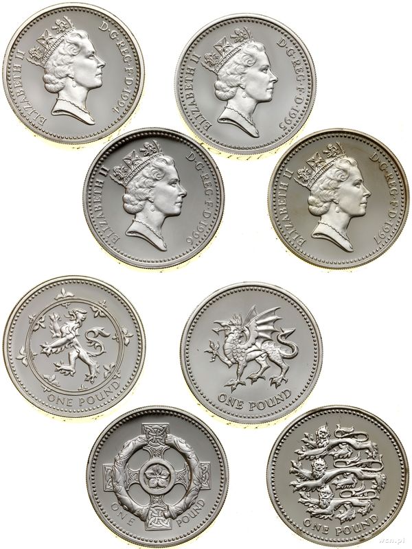 Wielka Brytania, zestaw 4 x 1 funt (piedfort) plus żeton, 1994, 1995, 1996, 1997