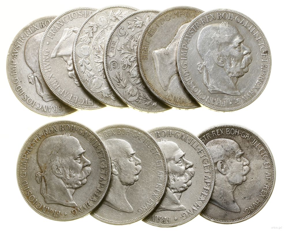 Austria, zestaw 10 x 5 koron, różne roczniki