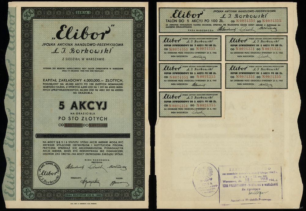 Polska, 5 akcji po 100 złotych = 500 złotych, 1934