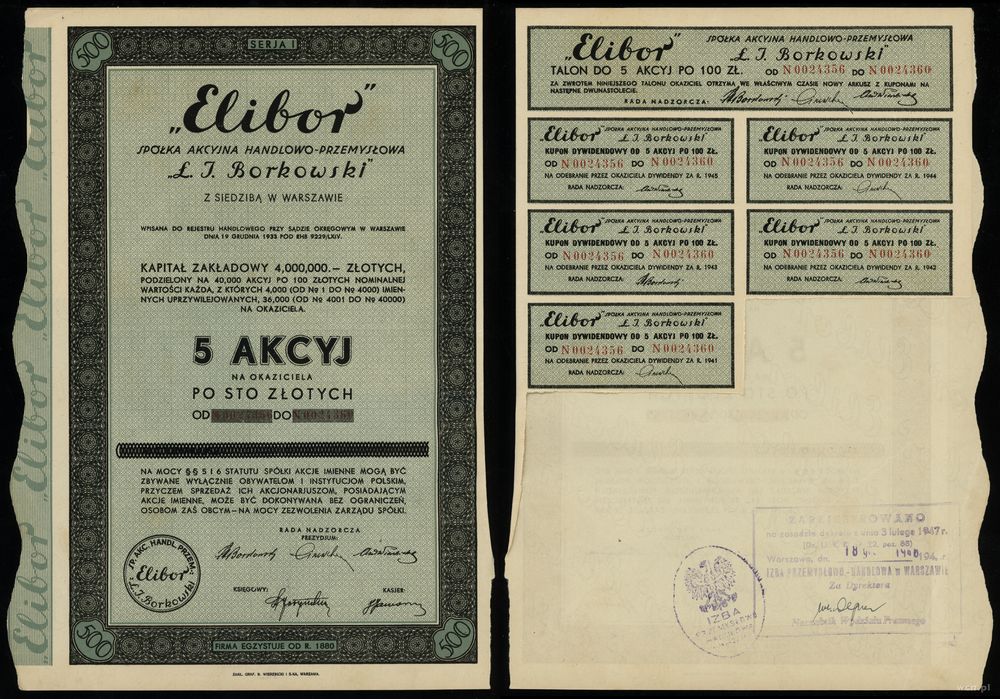 Polska, 5 akcji po 100 złotych = 500 złotych, 1934