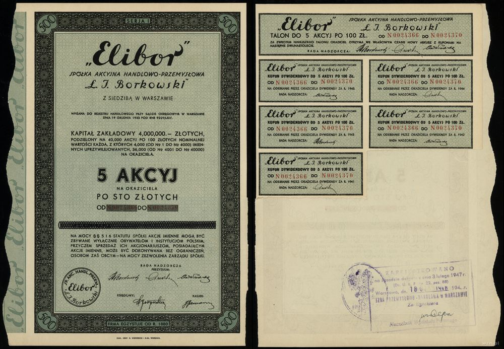 Polska, 5 akcji po 100 złotych = 500 złotych, 1934