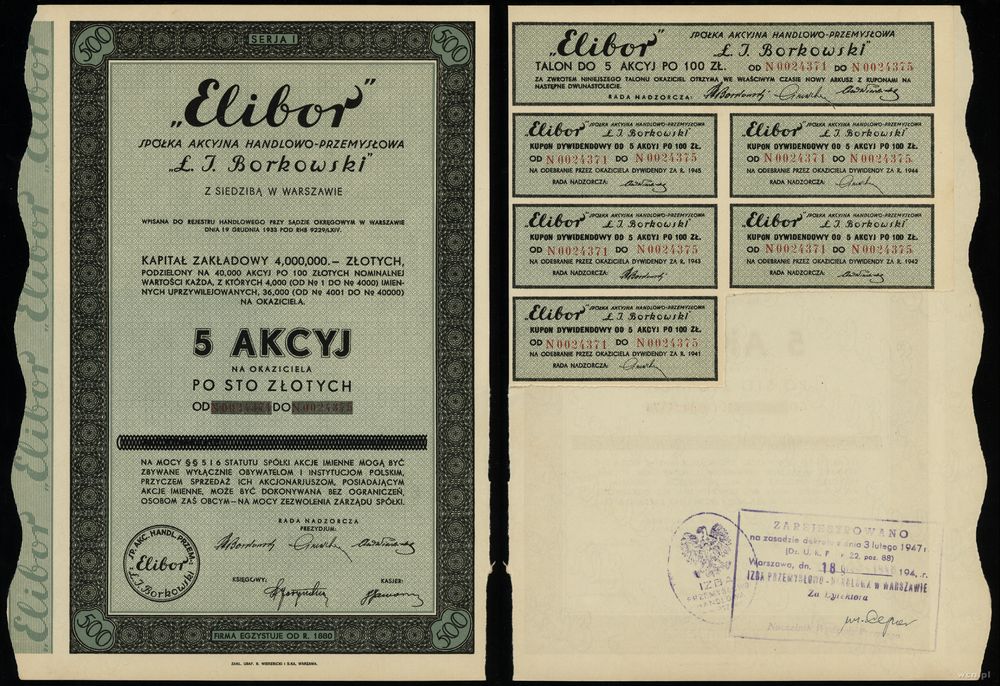 Polska, 5 akcji po 100 złotych = 500 złotych, 1934