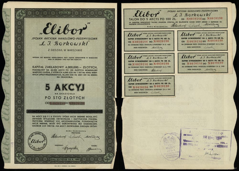 Polska, 5 akcji po 100 złotych = 500 złotych, 1934