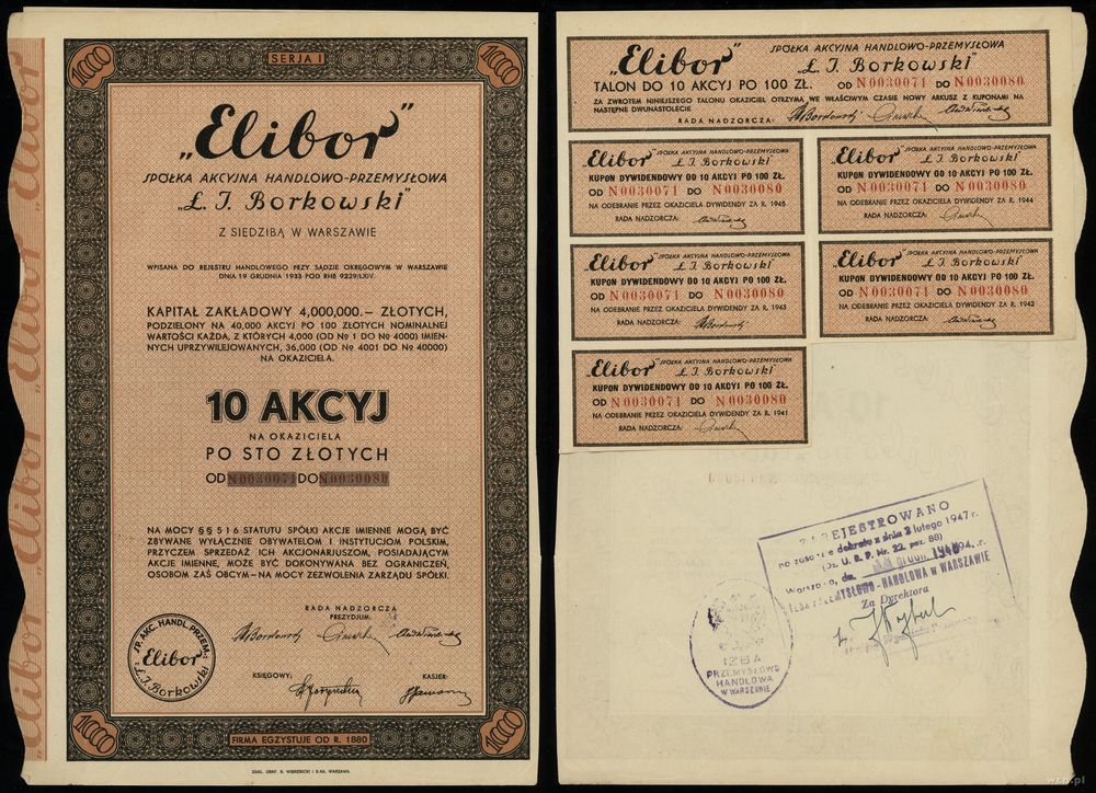 Polska, 10 akcji po 100 złotych = 1.000 złotych, 1934