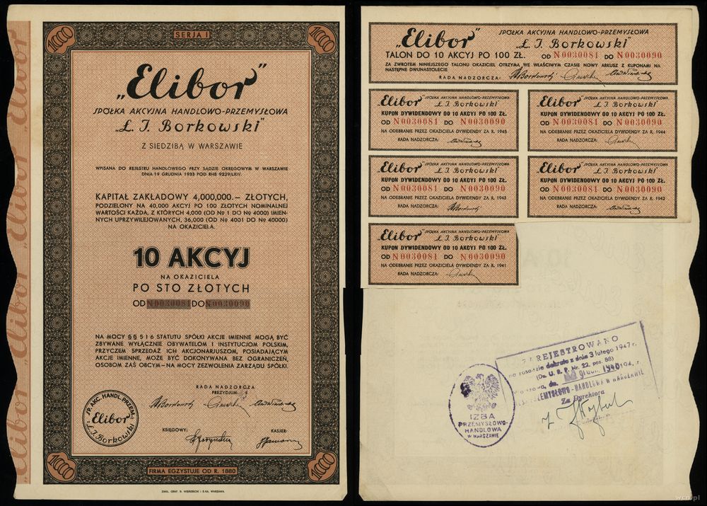 Polska, 10 akcji po 100 złotych = 1.000 złotych, 1934