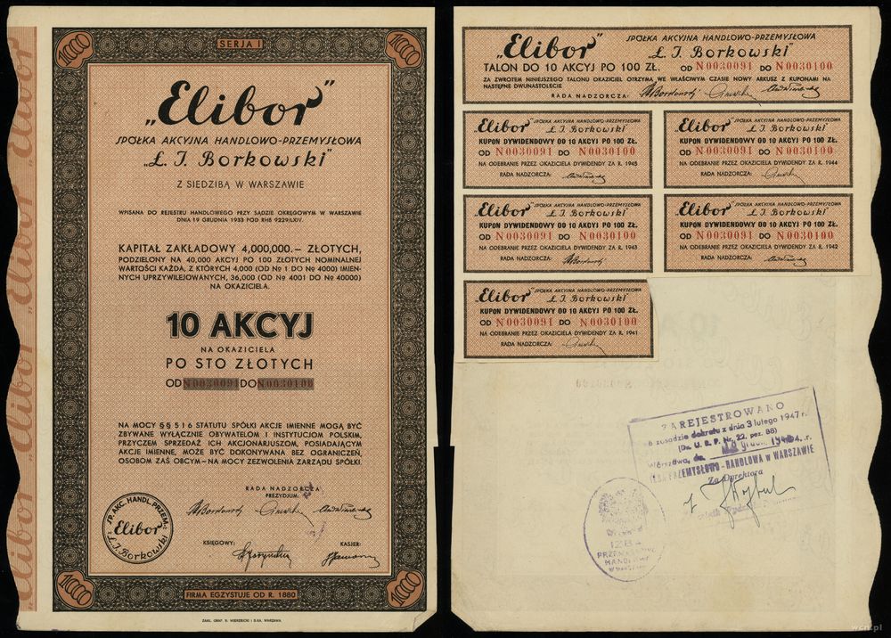 Polska, 10 akcji po 100 złotych = 1.000 złotych, 1934