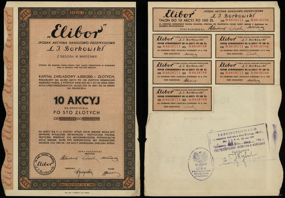 Polska, 10 akcji po 100 złotych = 1.000 złotych, 1934