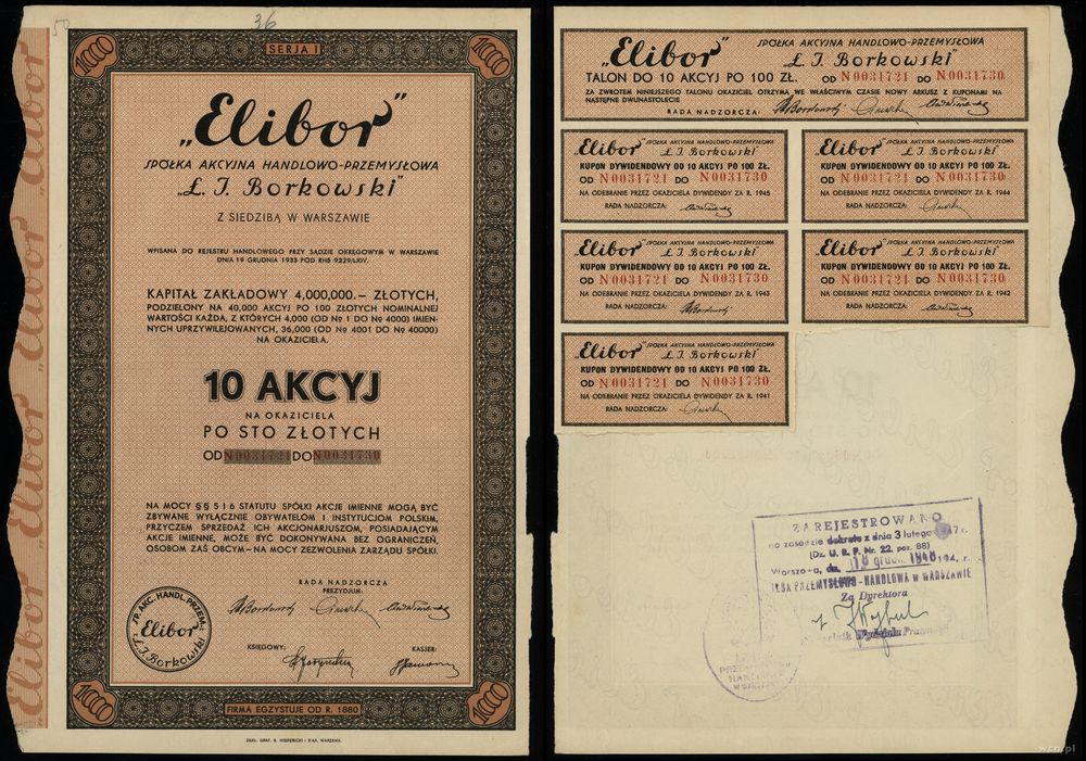 Polska, 10 akcji po 100 złotych = 1.000 złotych, 1934