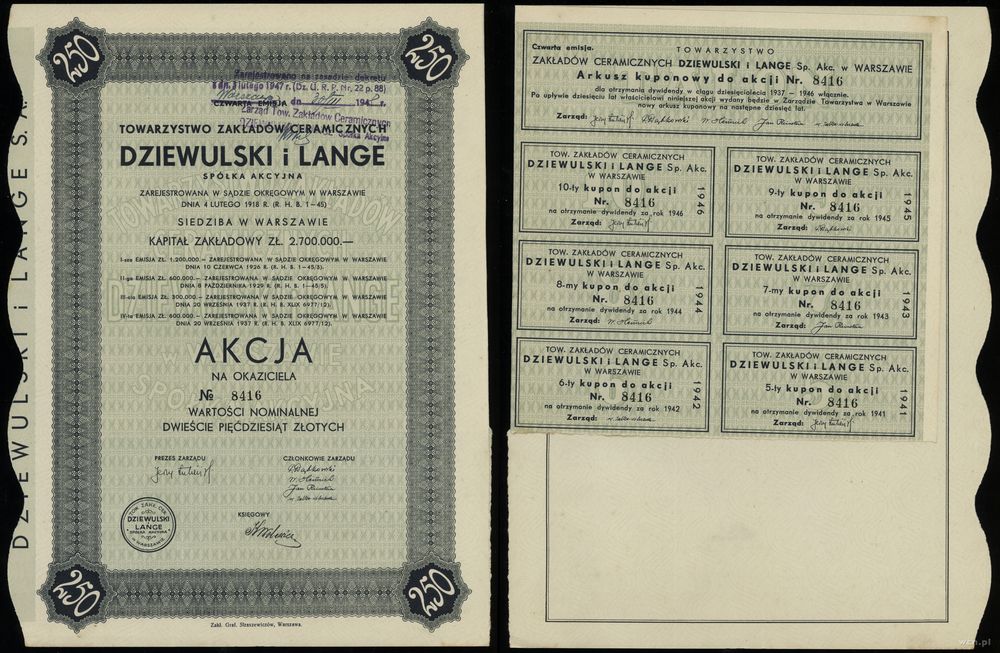 Polska, akcja na okaziciela o wartości 250 złotych, 1937