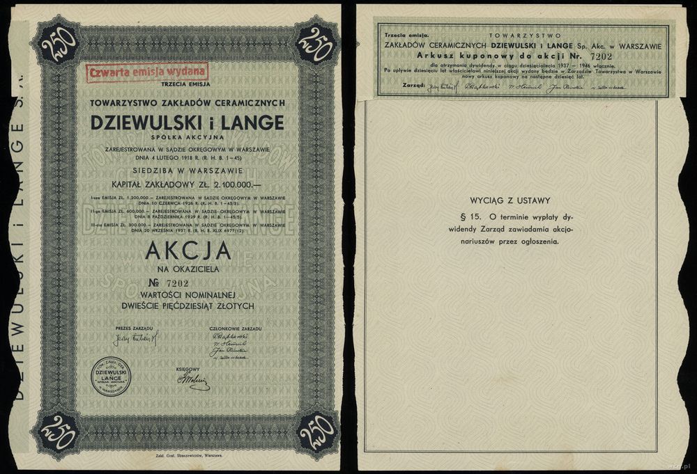 Polska, akcja na okaziciela o wartości 250 złotych, 1937