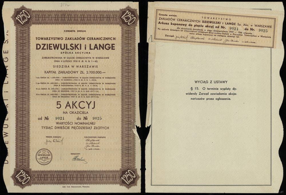 Polska, 5 akcji po 250 złotych = 1.250 złotych, 1937