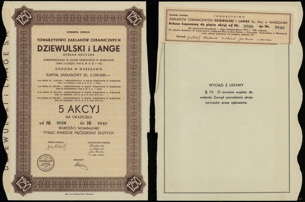 Polska, 5 akcji po 250 złotych = 1.250 złotych, 1937