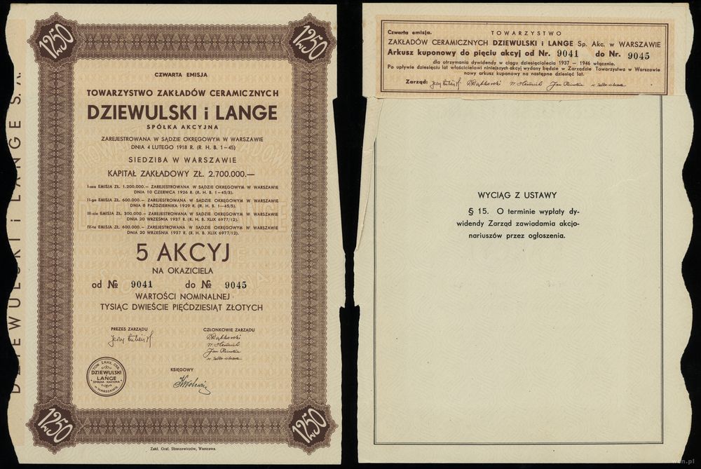 Polska, 5 akcji po 250 złotych = 1.250 złotych, 1937