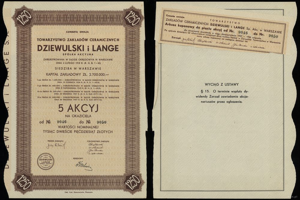 Polska, 5 akcji po 250 złotych = 1.250 złotych, 1937