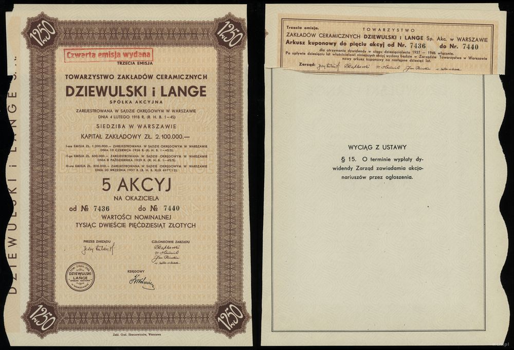 Polska, 5 akcji po 250 złotych = 1.250 złotych, 1937