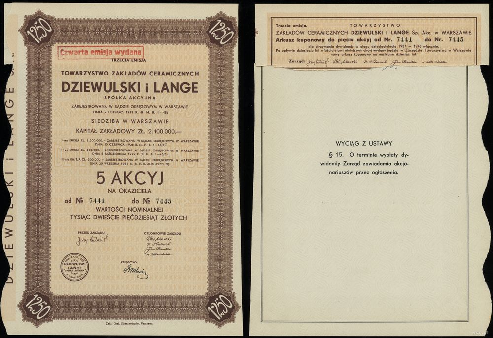 Polska, 5 akcji po 250 złotych = 1.250 złotych, 1937