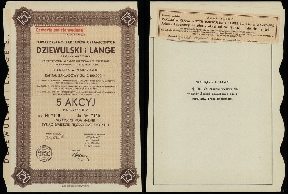 Polska, 5 akcji po 250 złotych = 1.250 złotych, 1937