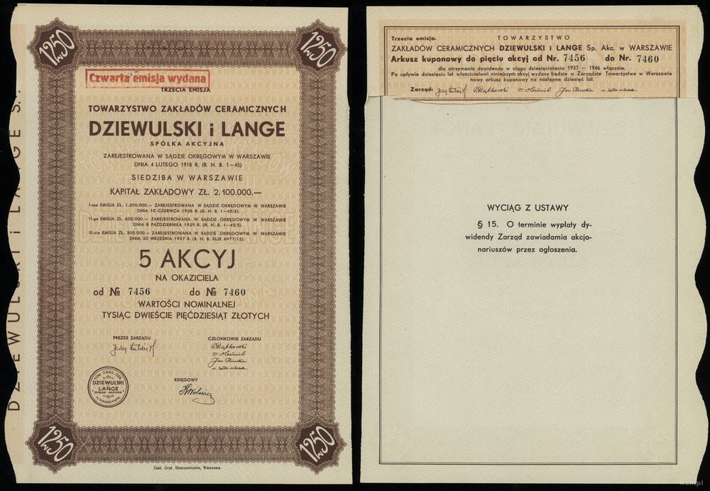 Polska, 5 akcji po 250 złotych = 1.250 złotych, 1937