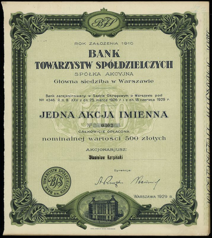 Polska, akcja imienna na 500 złotych, 1929