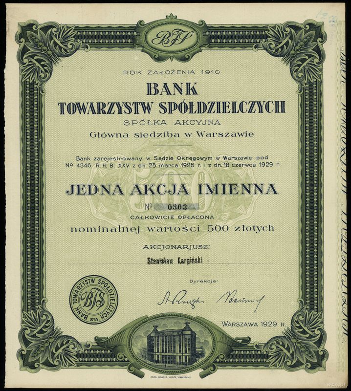 Polska, akcja imienna na 500 złotych, 1929