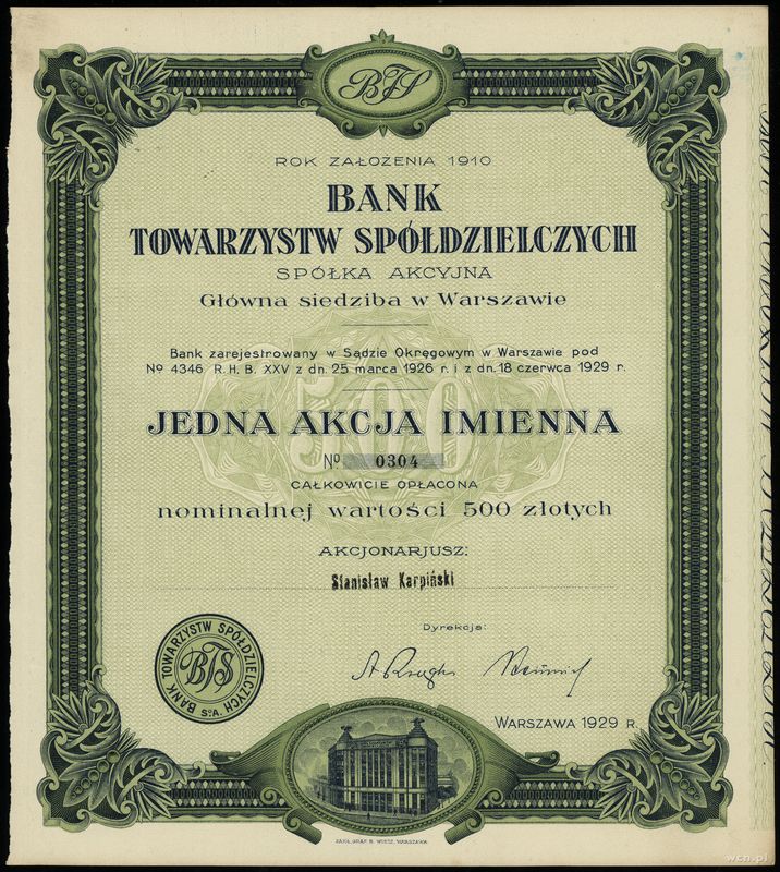 Polska, akcja imienna na 500 złotych, 1929