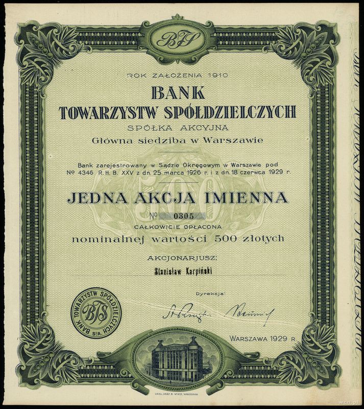 Polska, akcja imienna na 500 złotych, 1929
