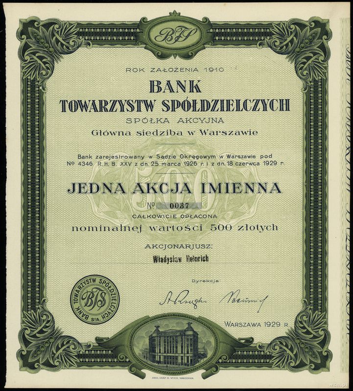 Polska, akcja imienna na 500 złotych, 1929